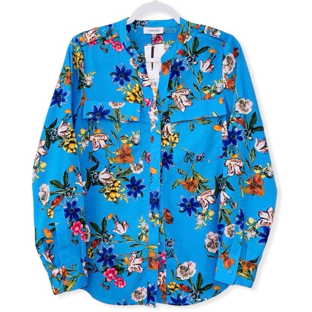 Calvin Klein Georgette Floral Blouse Roll-Sleeves Pockets Long Sleeve Blue - Picture 8 of 10